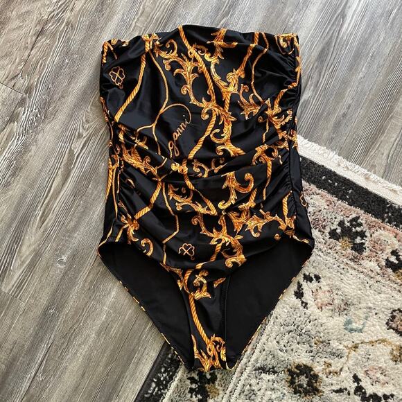 Ganni Black Baroque Print Strapless Ruched One Piece Swimsuit - Picture 2 of 5